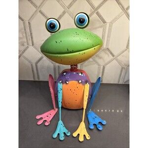 Whimsical METAL 11” Garden Frog Multi Color Rainbow Frog  Bobble Head Big Eyes